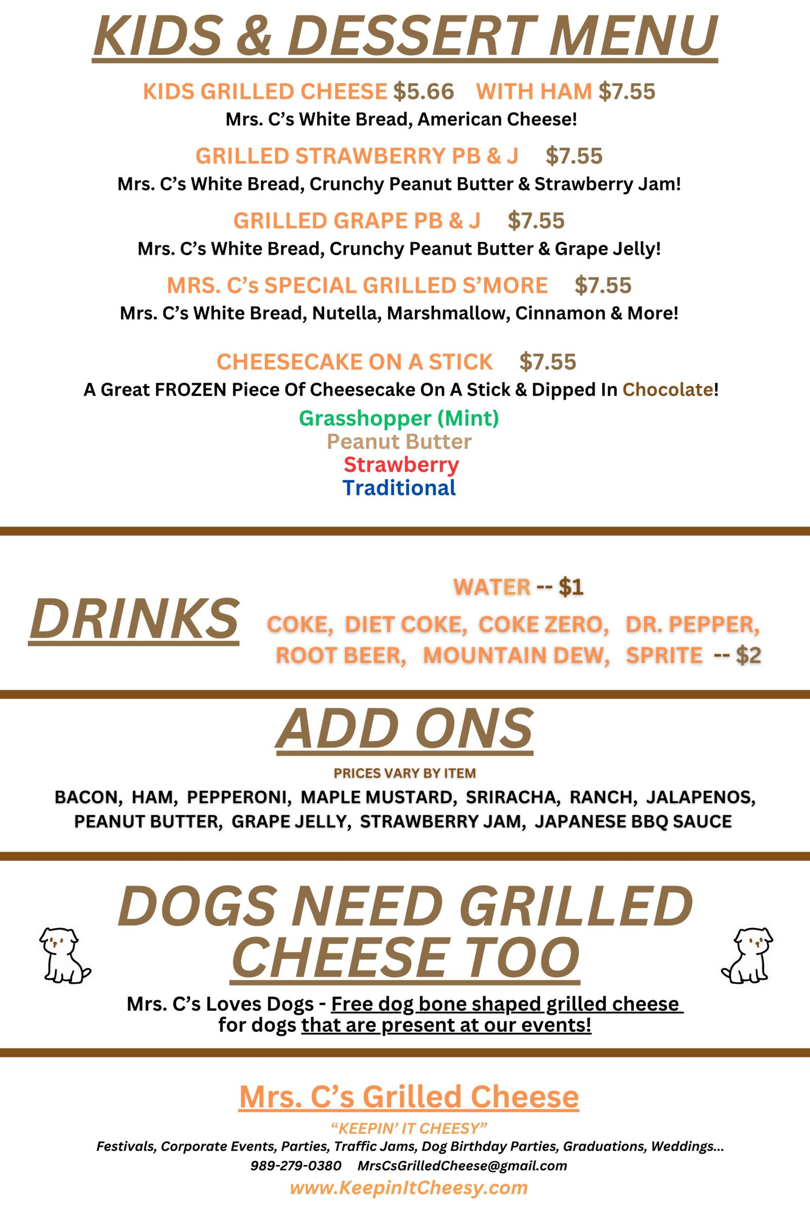 Mrs. C's kids and dessert menu