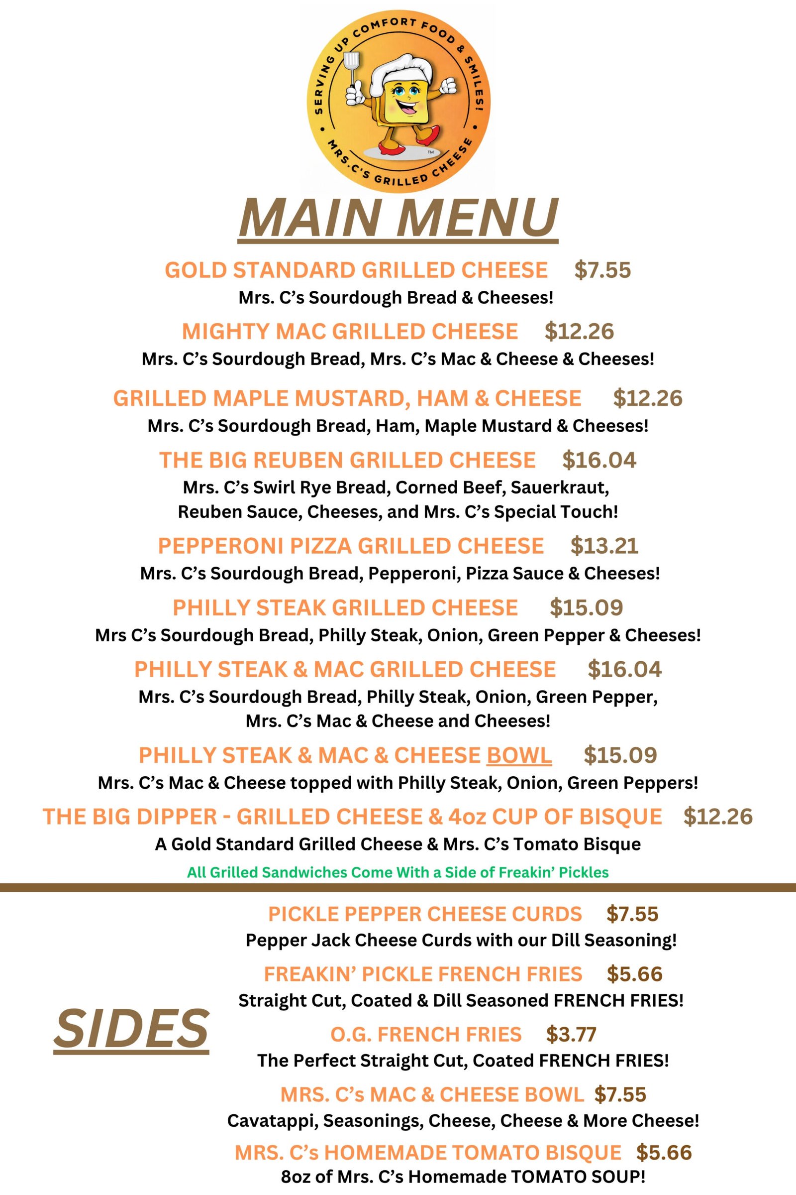 Mrs. C's Grilled Cheese main menu